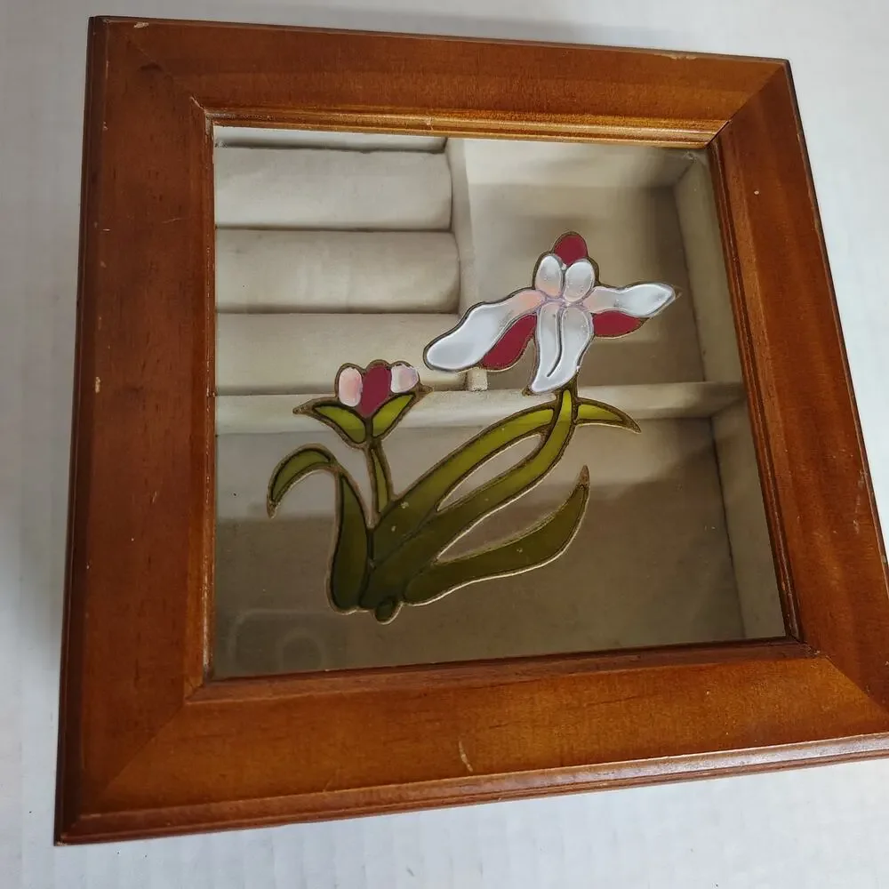 Wood Glass Top Jewelry Box Stained Glass Floral Ring Display Trinket Box